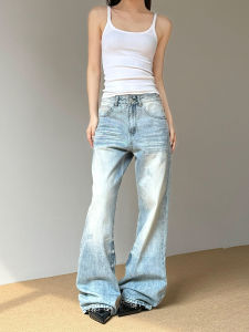 Don Cry Light Wash Ripped Straight Leg Jeans Mens Womens Street Style Vintage American Loose Fit Floor-Length Trousers