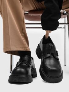 Black Casual Leather Shoes Mens Spring Autumn One-Touch Thick Bottom Heightening Mickey Derby Shoes British Style Casual