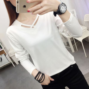 White Long Sleeve T-shirt for Women with Crossbody V-neck Design Tagkita Her and Others Brand Polyester Material Daily Style