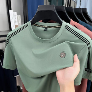 High-End Ice Silk Mens round Neck Short Sleeve T-Shirt Summer Casual Thin Half Sleeve Breathable Cool Body Shirt