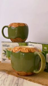 Cangkir Kelapa Muda Hijau Keramik / Coconut Mug Ceramic 350mL White Line (Harga Satuan)