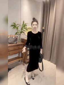 Black Velvet And Chiffon Stripe Design Womens T-shirt Fashionable Base Layer Shirt Long Sleeve round Neck French Style Top