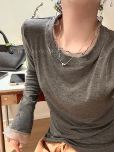 Doubleone25 Autumn Misty High-End Lace Collar Design Sensation Wooden Ear Tian Silk Wool Base Autumn Long Sleeve round Neck T-Shirt
