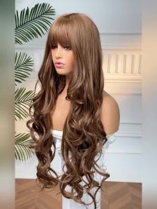 Honey Brown Wavy Wigs For Women With Bangs Super Long Natural Water Wave Synthetic Wig For Women Daily Cosplay Heat Resistant