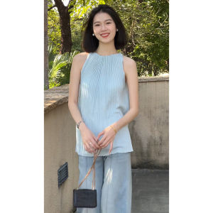 YUEZHONGWEI | French Sweet Style Blue Ruffle Neck Sleeveless Vest Women Summer Loose Outerwear Round Neck Hanging Strap Doll Shirt Top