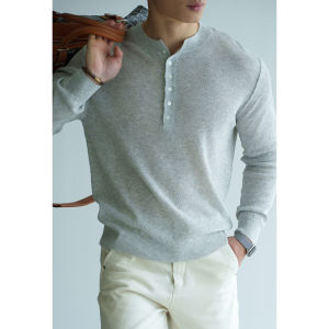 UBV | Linen Lyocell Blend 12 Gauge Breathable Henley Collar Mens Sweater