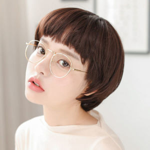 Wig for women short straight hair mushroom hair straight bangs round face cute short hair synthetic fiber headset