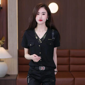 Camouflage Clothing V Neck Fake Two Pieces Short Sleeve Fashion Suit Summer New Arrival Womens Clothing Silm Slim Looking Thin Trousers Two-piece Set