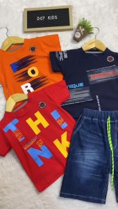 Baju dan Celana Pendek Jeans Atasan Kaos Katun Anak Laki Setelan Anak Laki-Laki Usia 2-12 Tahun