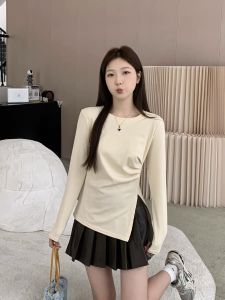 plus Size Long Sleeve T-Shirt Womens Autumn Slim Fit Split Pure Desire Irregular Shoulder Body Casual Cotton round Neck Top