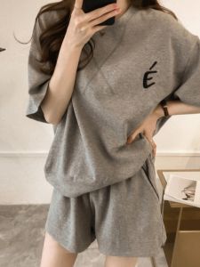 plus Size Womens Summer New Loose Slimming Shorts Top Set Casual Sportswear Two-Piece Suit Polyester Fiber round Neck Short Sleeve