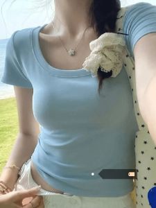 Áo Thun Cotton Cổ Tròn Tay Ngắn Màu Trơn Thiết Kế Đơn Giản Cho Nữ Mùa Thu Đông Thường Ngày Dáng Ôm Vừa Vặn Cổ Chữ U