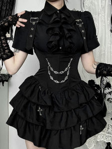 Váy Gothic Dark Gothic Puffy Skirt Váy Dài Không Tay Cổ Chữ V Váy Mùa Hè Đa Năng Váy Xếp Ly Váy Gothic Cho Nữ