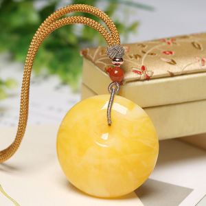 Pure Natural Genuine Goods Yellow Chicken Grease Beeswax Pendant Peace Buckle Sweater Chain Raw Ore Amber Mens and Womens Necklace Car Pendant