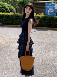 GUANSHU | French Blue Sleeveless Plaid Vest Dress Women Summer 2025 New High Waist A-Line Midi Skirt Cotton Polyester Blend Dress