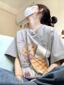 Oversize American Retro Cotton Short Sleeve T-Shirt Women Loose Fit Graffiti Design Cartoon Print Half Sleeve Top