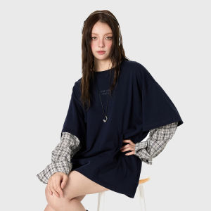 Turn Signal | Faux Two-Piece Plaid Patchwork Long Sleeve T-shirt