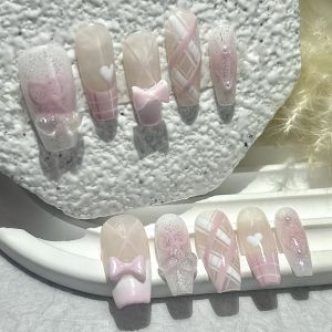 10 Pieces Cute 3D Bow Cherry Pink French Handmade Press On Nails Lattice Heart Pearls Glitter Fake Nails Sweet Ballet Nail Art