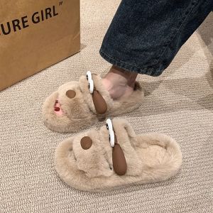 Cute Cartoon Dog Fur Slippers Womens Thick Bottom Heightening Autumn Winter Outerwear Casual Hollow out Design Black Cotton Shoes