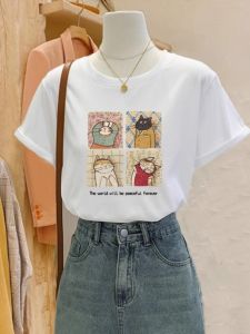 เสื้อยืดแขนสั้นผ้าฝ้ายแท้สีขาว ทรงหลวม สไตล์เกาหลี สำหรับผู้หญิง ดีไซน์เก๋ไก๋ ไซส์ใหญ่ เสื้อผ้าทำงานฤดูร้อน 2024