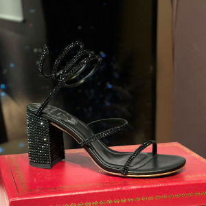 Black Rhombus Diamond Roman Strap High Heels Sandals Wrap around Thick Heel Fashionable Summer New Style for Young Women