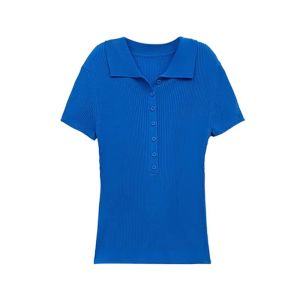 YUEZHONGWEI | American Retro Shoulder Flip Collar White Ice Silk Knitted Short Sleeve Polo Shirt Women Summer Slim Fit Short Style Top