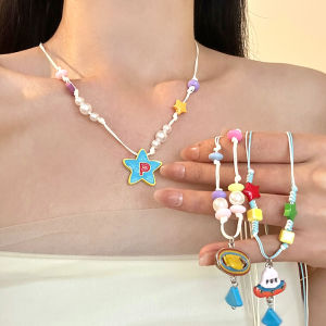 New 2025 Colorful Star Beads Necklace Womens Hoodie Chain Fashion Accessory Fresh out Alloy Pendant Lockbone Chain Jewelry