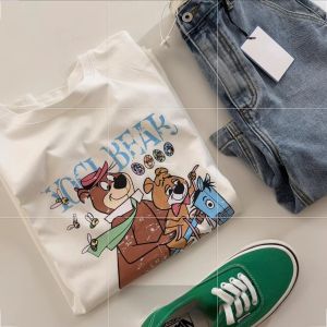 เสื้อยืดคอกลมแขนสั้นผู้หญิงฤดูร้อนปี 2022 สไตล์เกาหลี ทรงหลวม ลายการ์ตูน ลายเสือดาว แฟชั่นลำลอง เสื้อผ้าทำงาน