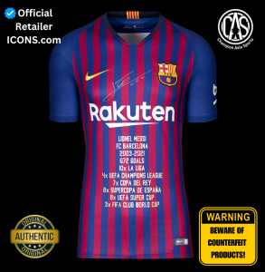 Lionel Messi Official FC Barcelona Front Signed 2018-19 Home Shirt Signed In Silver: Career Stats Edition