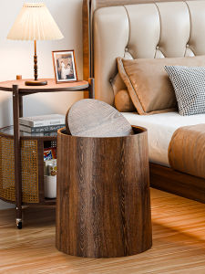 Retro Wood Grain Trash Can Large Capacity Office Use round Shape Bin Family Home Living Room Bedroom Commercial Use Dustbin