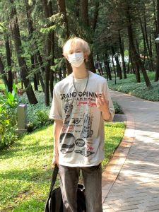 เสื้อยืดแขนสั้นพิมพ์ลายแฮมเบอร์เกอร์สไตล์อเมริกัน ทรงหลวม สำหรับผู้ชายและผู้หญิง ฤดูร้อน 2024 แฟชั่นเสื้อยืดแขนสั้น