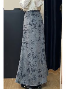 Gray Ink Painting Print High Waist A-Line Skirt Womens Spring Design Slimming Half-length Skirts Korean Style Commute