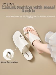 Josiny | Square Toe Metallic Buckle White Toe-Post Sandals