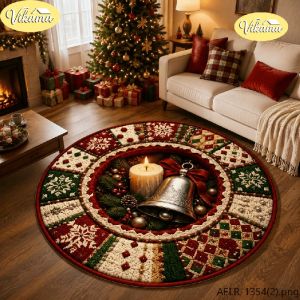 VIKAMA Christmas Round Rug Snowman Tree Gifts Candy Lantern Area Rug Living Room Holiday Home Decor Aesthetic Art Large Premium