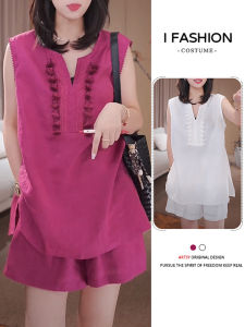 Shalldoer | Bộ đồ hai mảnh mùa hè 2025 cho nữ váy không tay eo thun quần short rộng rãi thiết kế tua rua