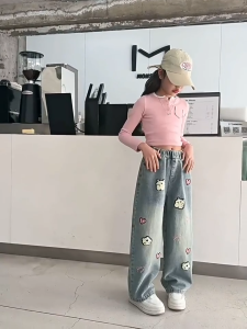 2025 Jeans for Kids Girl 5-16Y Korean Straight Loose Maong pants for Teens Girl Denim Baggy Pants