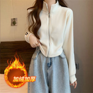 Thickened Fleece Short Sweatshirt Jacket Womens Sporty High Collar Long Sleeve Top Coat for Autumn Winter American Style Small Size