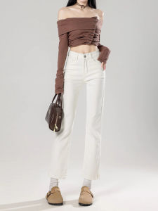 White Straight Leg Jeans Womens High Waist Loose Slim Fit Spring 2025 New Style French Bread Narrow Version Smoke Tube Pants