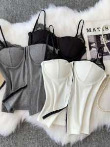 Áo Ba Lỗ Ren Gợi Cảm Áo Vest Nữ Mùa Xuân Hè Chi Tiết Khóa Kín Thiết Kế Ôm Vừa Vặn Áo Sơ Mi Cổ Tròn Tay Ngắn Màu Trơn