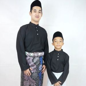 Baju Melayu Raya Slim Fit Cotton Black/Hitam Sepasang Dewasa & Budak (C007bm)