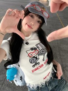 เสื้อยืดคอกลมแขนสั้นผ้าฝ้ายแท้สีขาวลายการ์ตูนสำหรับผู้หญิงในช่วงฤดูร้อน ทรงสลิมฟิต เสื้อผ้าทำงาน สัมผัสกับอากาศ