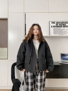 Korean Style Thin Hooded Workwear Jacket Womens Spring Autumn New Small Size Slim Short Coat Trendy Zipper Pocket Design