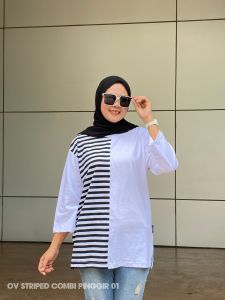 kaos polos salur strip kombinasi atasan wanita oversize / kaos belang / baju belang / atasan wankta strip salur aldira oversize jumbo terbaru