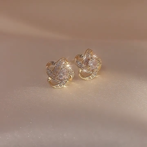 18K Saudi Gold Pawnable Chinese knotting Ruyi Full Diamond Earrings for Women earring stud