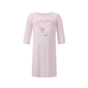 Aimix Childrens Antibacterial Sweetheart Bichon Sleep Dress Cute Style Summer Home Clothes Girls Seven-Sleeve Nightgown
