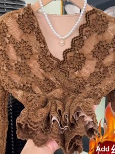chaqi | Stylish Lace V-Neck Long Sleeve T-Shirt Female Fall and Winter Fleece Lined
