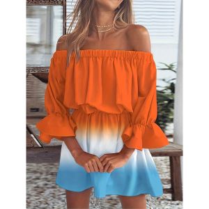 Off-Shoulder Shift Dress with Lace Sleeves A-Line Mini Skirt Commute Style Polyester Fabric Five-Quarter Sleeve Length