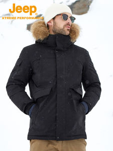 Jeep | Jeep Mens Mid-Length Down Jacket Goose Down Warm Outerwear Windproof Water-Resistant Coat With Otter Fur Collar Hiking Outdoor Gear