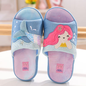 Princess Mermaid Childrens Slippers Indoor Home Anti-slip Cute Girl Shoes Cotton Fabric Spring Autumn New 2025 Fun Little Cat