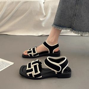 Ielgy Đen Mùa Hè Thiết kế dệt Dép xăng đan nữ đế bệt tiếng Pháp mới